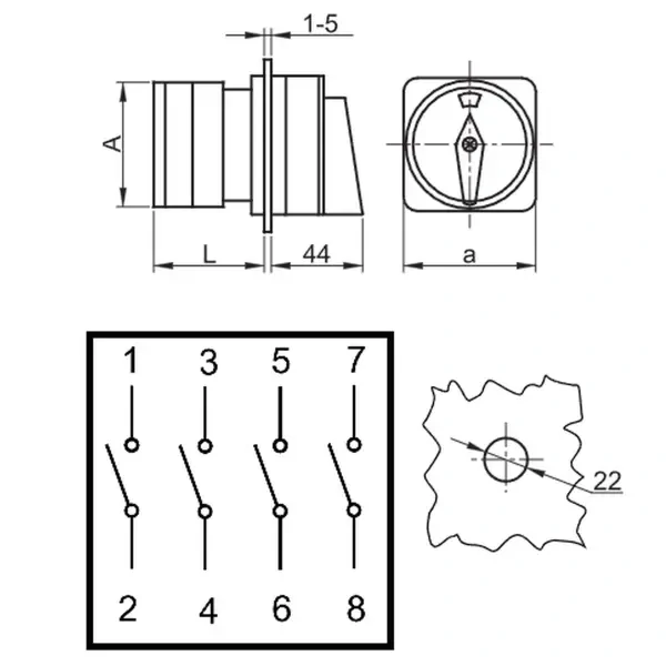 Hlavní vypínač, se zámkem, ON-OFF Tracon TKFK-63 400V, 50Hz, 63A, 4P, 18,5kW, 64×122mm