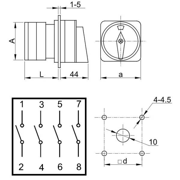 Hlavní vypínač žluto-červený, ON-OFF Tracon TKFL-25 400V, 50Hz, 25A, 4P, 7,5kW, 64×64mm