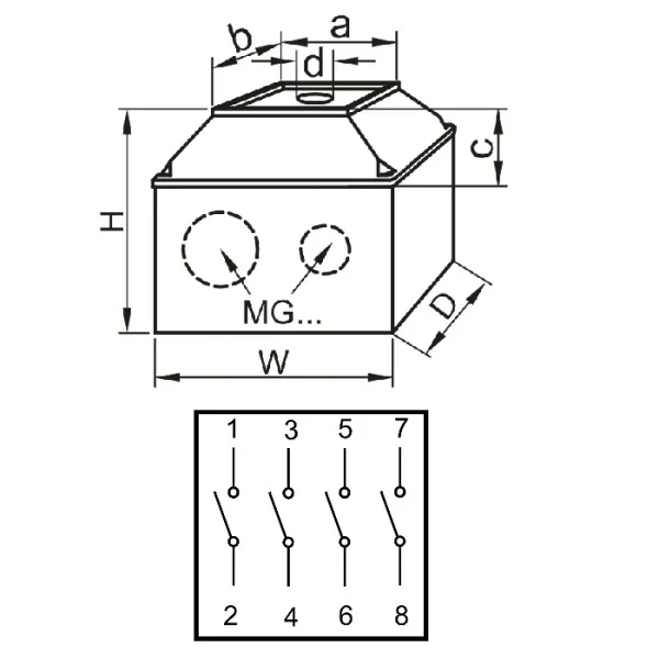 Krabicový hlavní vypínač žluto-červ., žluté víčko, ON-OFF Tracon TKFL-25T 400V, 50Hz, 25A, 4P, 7,5kW, 64×64mm, IP44