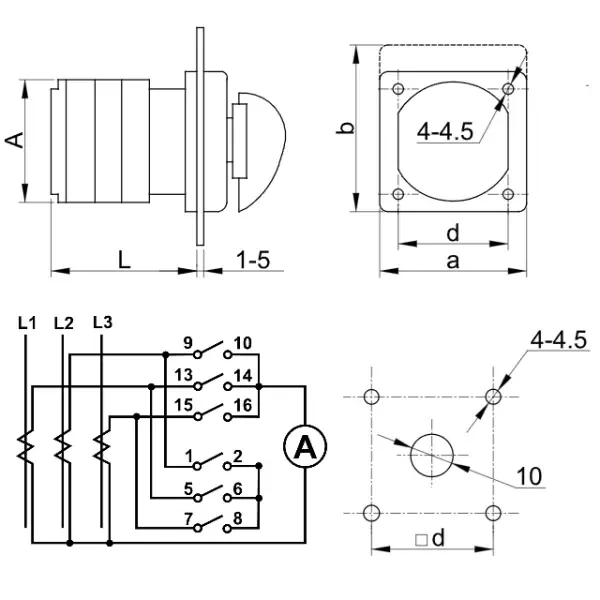 Ampérmetrový vačkový přepínač pro měření proudu ve fázích Tracon TKI-F