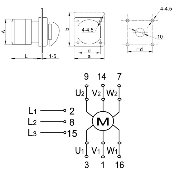 Vačkový přepínač motoru hvězda-trojúhelník Tracon TKM-63/C 400V, 50Hz, 63A, 18,5kW, 64×64mm
