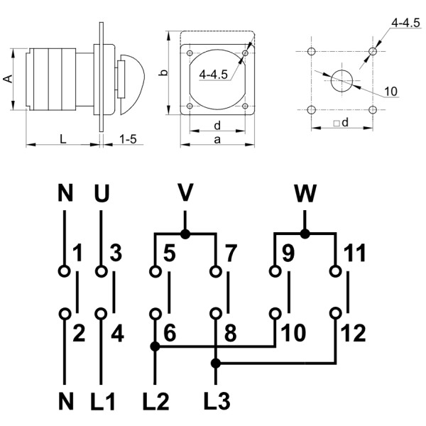 Reverzační vačkový přepínač motoru, 1-0-2 Tracon TKM-63/N 400V, 50Hz, 63A, 18,5kW, 64×64mm