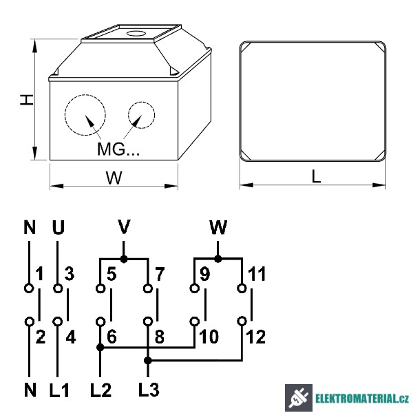 Reverzační přepínač motoru, 1-0-2, v krabici Tracon TKM-63/NT65 400V, 50Hz, 63A, 18,5kW, 64×64mm, IP65