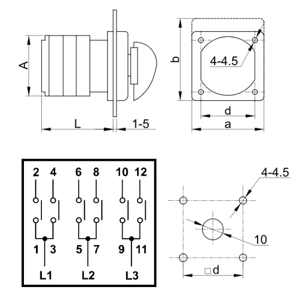 Vačkový přepínač, 1-0-2 Tracon TKV-206/3 400V, 50Hz, 20A, 2×3P, 5,5kW, 48×48mm, 60°