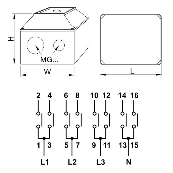 Krabicový vačkový přepínač, 1-0-2 Tracon TKV-326/4T65 400V, 50Hz, 32A, 2×4P, 11kW, 64×64mm, 60°, IP65