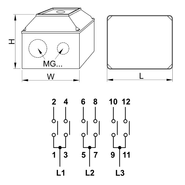 Krabicový vačkový přepínač, 1-0-2 Tracon TKV-329/3T65 400V, 50Hz, 32A, 2×3P, 11kW, 64×64mm, 90°, IP65