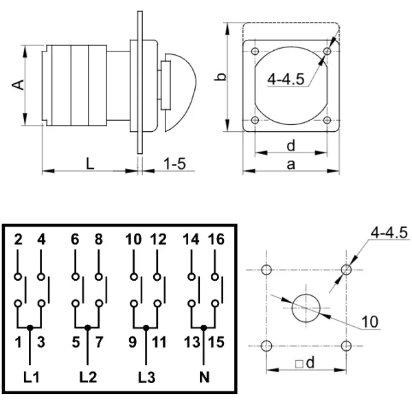 Vačkový přepínač, 1-0-2 Tracon TKV-636/4 400V, 50Hz, 63A, 2×4P, 18,5kW, 64×64mm, 60°