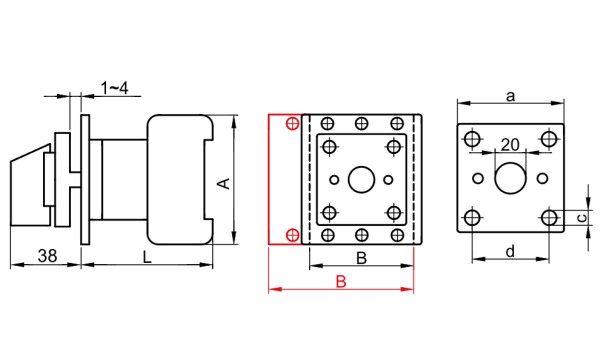 Bezpečnostní vypínač Tracon TS-20/3 400V, 50Hz, 20A, 3P, 5,5kW, 64×64mm