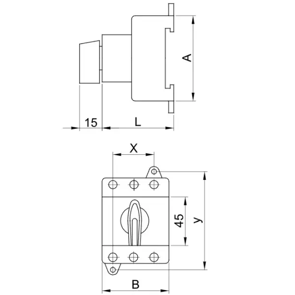 Bezpečnostní vypínač upevnitelný na DIN-lištu Tracon TSM-20/3 400V, 50Hz, 20A, 3P, 5,5kW, 42×42mm