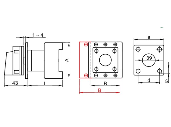 Bezpečnostní hlavní vypínač žluto-červený Tracon TSS-80/4 400V, 50Hz, 80A, 4P, 22kW, 64×64mm