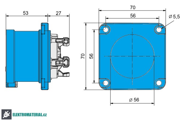 TP Electric 3020-321-0970 Vestavná zásuvka, rovná, kompaktní příruba 70x70, Quick Connect 3x16A / IP44