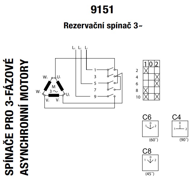 SEZ S10 JLS 9151 C6 Vestavný vačkový spínač s upevněním na lištu,reverzační přepínač 10A, 1-0-2