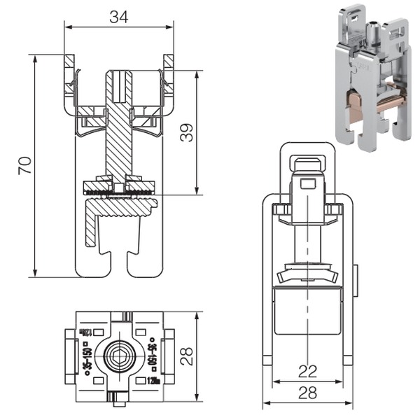 Tracon DSBCT2750510 Odbočné svorky 5, 10 mm, 35-150 mm2, 28x34x70 mm
