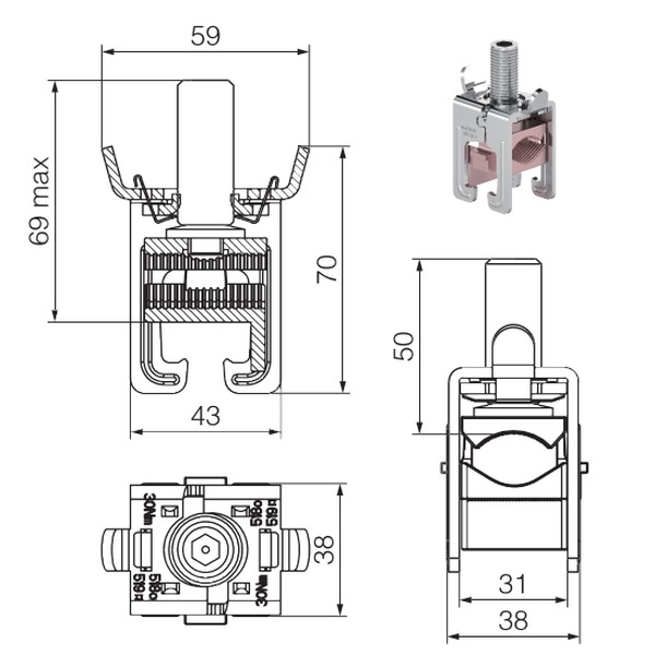 Tracon DSBCT5000510 Odbočné svorky 5, 10 mm, 95-185 mm2,  38x59x70 mm
