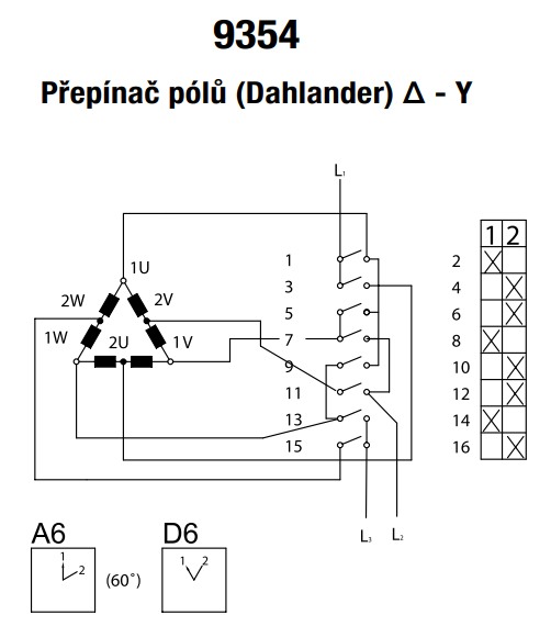 SEZ S16 JDG 9354 D6 Vestavný vačkový spínač s čelní deskou, s těsněním, přepínač pólů 16A, 1-2