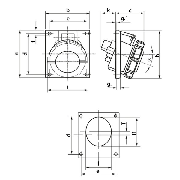 Tracon TICS-313IP67 Vestavná průmyslová zásuvka, šikmá 16A, 250V, 2P+E, 6h, IP67