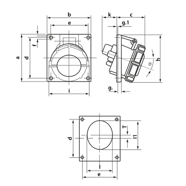 Tracon TICS-314IP67 Vestavná průmyslová zásuvka, šikmá 16A, 400V, 3P+E, 6h, IP67
