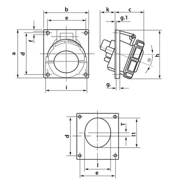Tracon TICS-315IP67 Vestavná průmyslová zásuvka, šikmá 16A, 400V, 3P+N+E, 6h, IP67