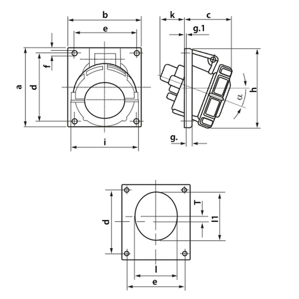 Tracon TICS-323IP67 Vestavná průmyslová zásuvka, šikmá 32A, 250V, 2P+E, 6h, IP67