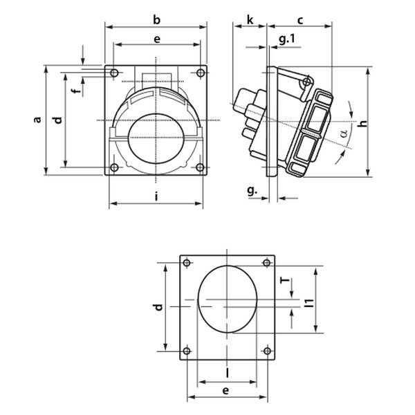 Tracon TICS-324IP67 Vestavná průmyslová zásuvka, šikmá 32A, 400V, 3P+E, 6h, IP67