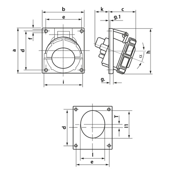 Tracon TICS-325IP67 Vestavná průmyslová zásuvka, šikmá 32A, 400V, 3P+N+E, 6h, IP67