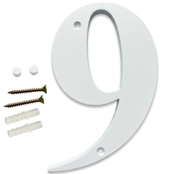 Domovní číslo popisné 9 na zeď, vrata, sloupky s dírami pro vruty barva bílá, výška 170 mm