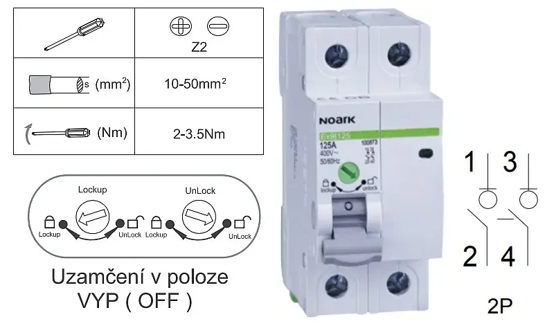 Noark 100872 Ex9I125 2P 100A Instalační vypínač, šířka 2 moduly, 2pól, 100A