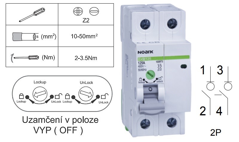 Noark 100873 Ex9I125 2P 125A Instalační vypínač, šířka 2 moduly, 2pól, 125A