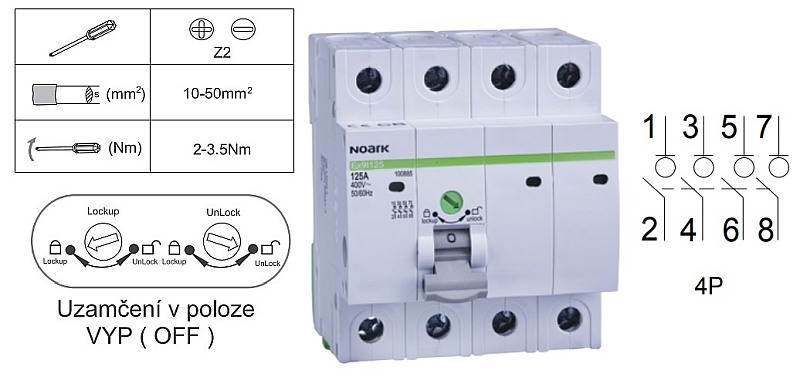 Noark 102310 Ex9I125 4P 16A Instalační vypínač, šířka 4 moduly, 4pól, 16A