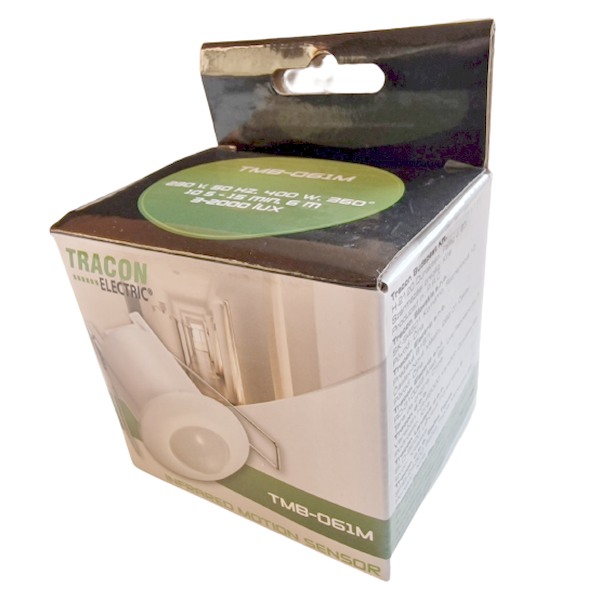 Tracon TMB-061M Infračervený snímač pohybu, zápustný,miniaturní, bílý 230V, 50 Hz, 360°, 1-6 m, 10 s-15 min, 3-2000lux, IP20