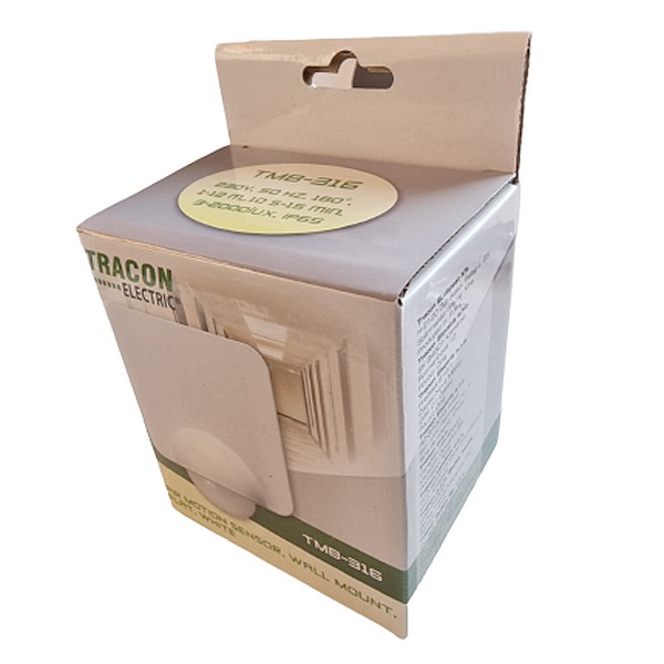 Tracon TMB-316 Infračervený snímač pohybu,nástěnný, plochý , bílý 230V, 50 Hz, 360°, 2-10 m, 10 s-15 min, 3-2000lux, IP65