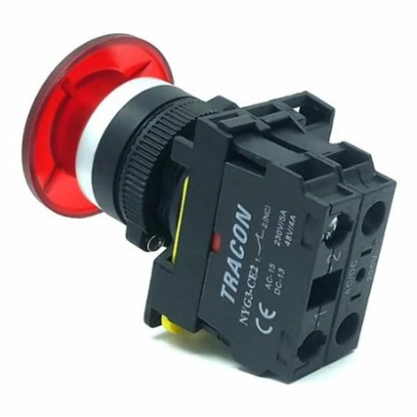 Tracon NYG3-MLR Hřibové tlačítko, červené 1×NC, 5A/230V AC-15, 40mm, IP65, LED 230V AC/DC