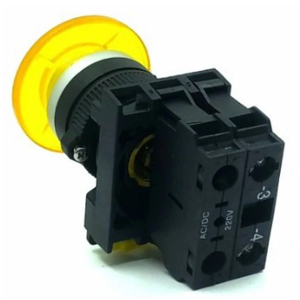 Tracon NYG3-MLY Hřibové tlačítko, žluté 1×NO, 5A/230V AC-15, 40mm, IP65, LED 230V AC/DC