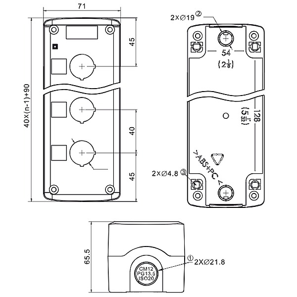 Tracon NYGD-6GR Krabicová sestava k tlačítkům šedá, 6 d=22,5, IP65, 2×PG-13,5