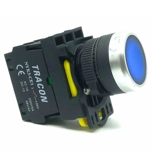Tracon NYK3-LB Podsvětlený tlačítkový spínač,modrý 1×NO, 5A/230V AC-15, IP65, LED 230V AC/DC