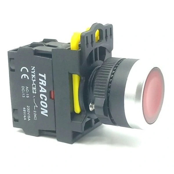 Tracon NYK3-LR Podsvětlený tlačítkový spínač,červený 1×NC, 5A/230V AC-15, IP65, LED 230V AC/DC