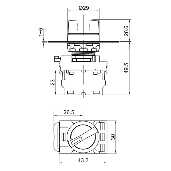 Tracon NYK3-S24BK Otočný spínač s páčkoudvojpolohový, s pruž.návratem 1×NO+1×NC, 5A/230V AC-15, IP65