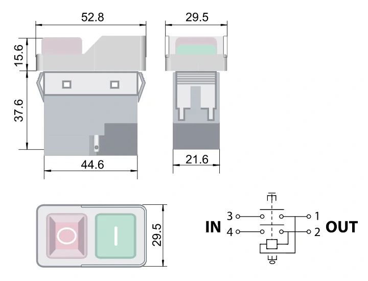 Tracon SSTM-03 Bezpečnostní tlačítko, miniaturní, upev.zaklapnutím, černý rám 4PIN, 230VAC, 12A/AC3, IP54, 6,3×0,8