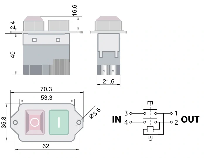 Tracon SSTM-04 Bezpečnostní tlačítko, miniaturní, upev.šroubováním, žlutý rám 4PIN, 230VAC, 12A/AC3, IP54, 6,3×0,8