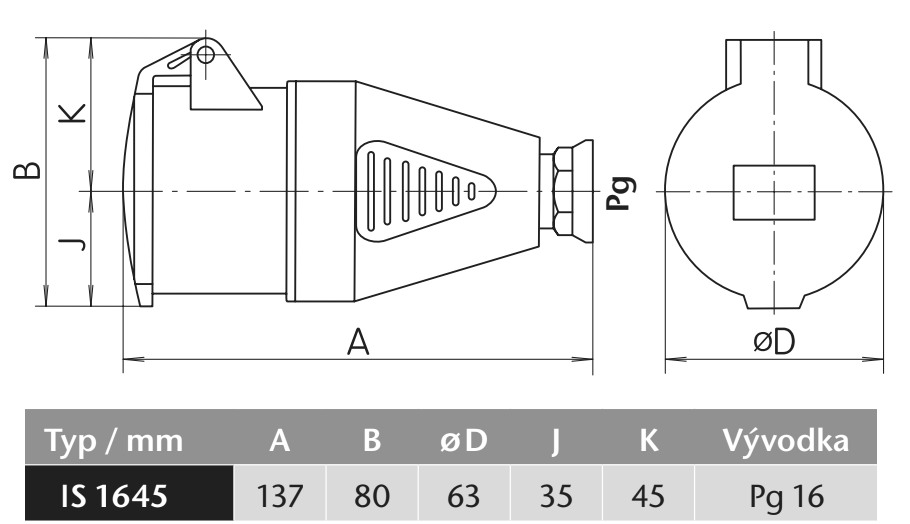 Průmyslová zásuvka spojovací IS 1645 500V, IP44, 16A, 4-pól