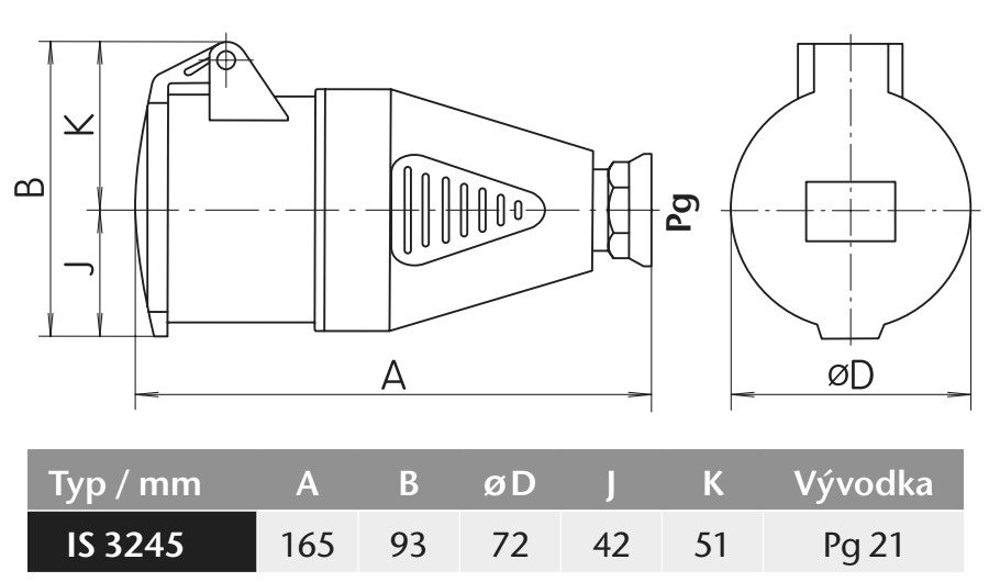 Průmyslová zásuvka spojovací IS 3245 500V, IP44, 32A, 4-pól