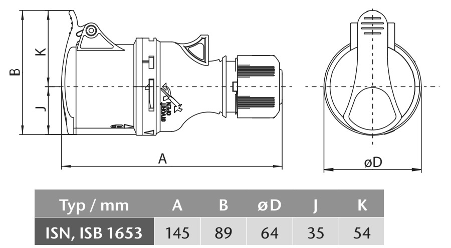 Průmyslová zásuvka spojovací ISB 1653 400V, IP44, 16A, 5-pól bešroubová