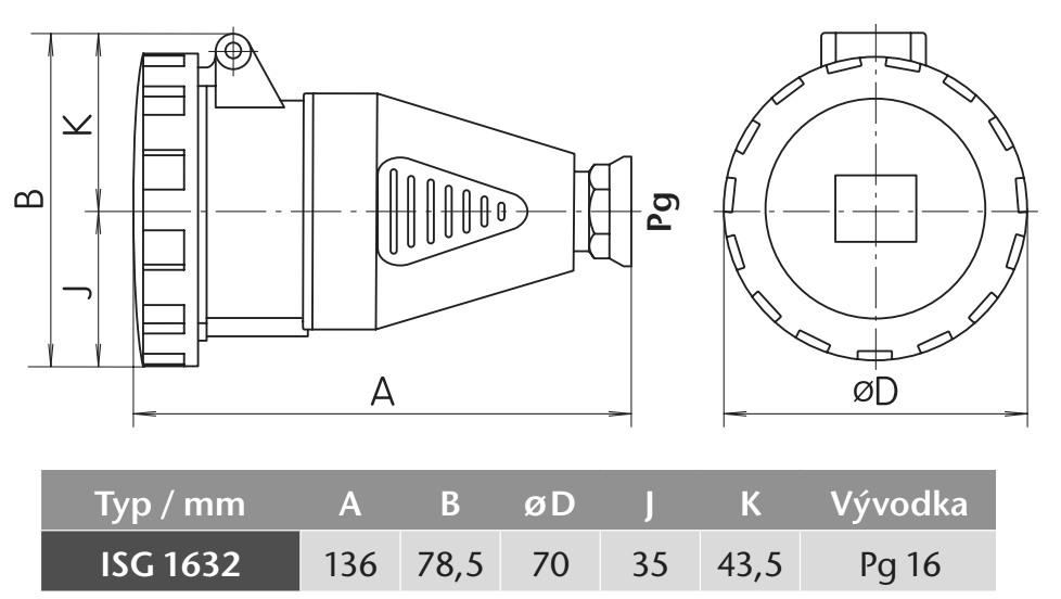 Průmyslová zásuvka spojovací ISG 1632 230V, IP67, 16A, 3-pól