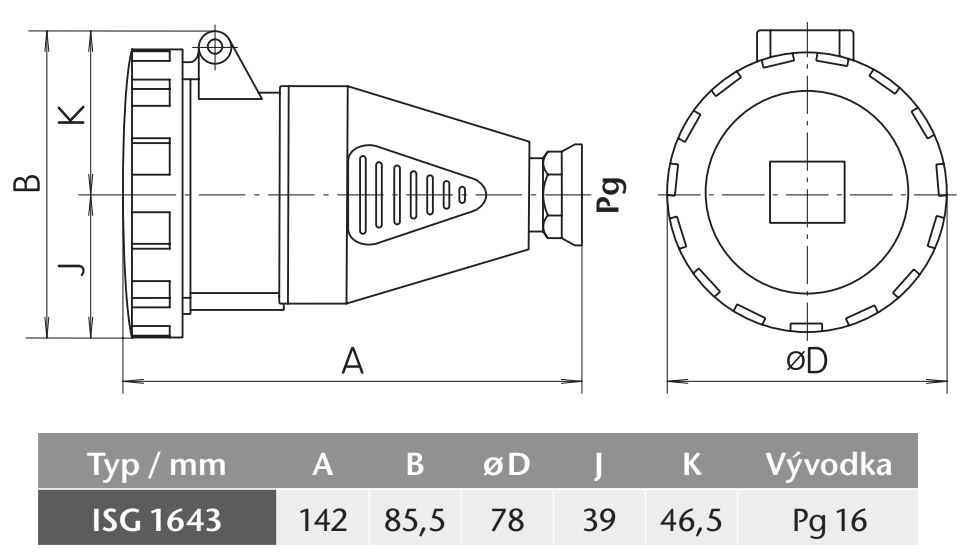 Průmyslová zásuvka spojovací ISG 1643 400V, IP67, 16A, 4-pól