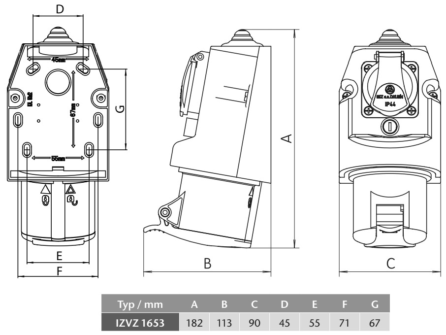 Nástěnná zásuvka 16A/5p kombinovaná se zásuvkou 230V IZVZ 1653, 400V, IP44, 16A, 5-pól