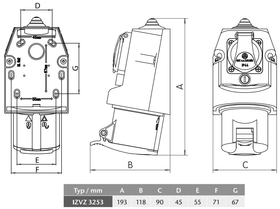 Nástěnná zásuvka 32A/5p kombinovaná se zásuvkou 230V IZVZ 3253, 400V, IP44, 32A, 5-pól
