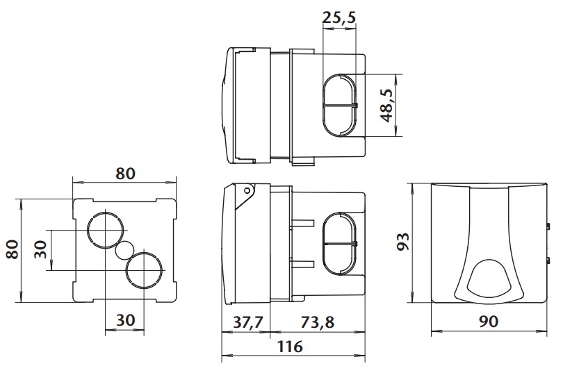 Průmyslová vestavná zásuvka IZV 16 230V, IP44, 16A, 3-pól
