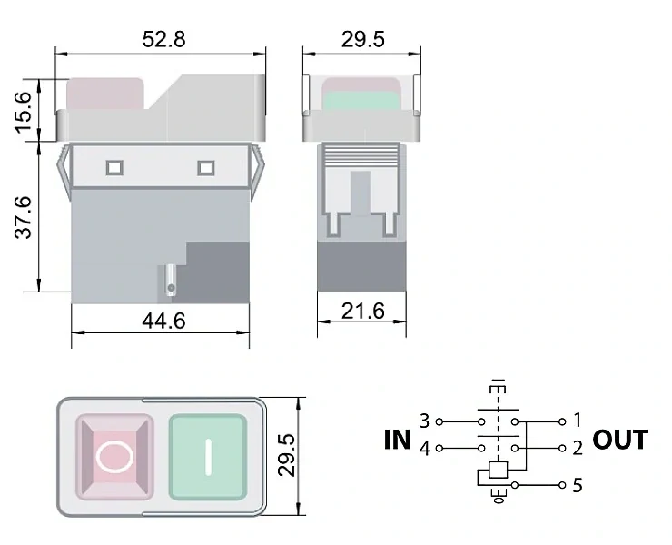 Tracon SSTM-035 Bezpečnostní tlačítko, miniaturní, upev.zaklapnutím, černý rám 5PIN, 230 VAC, 12A/AC3, IP54, 6,3×0,8