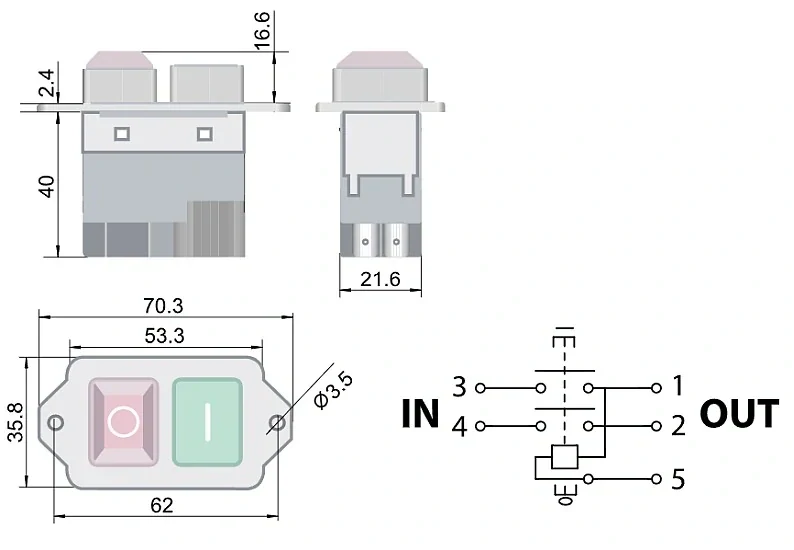 Tracon SSTM-045 Bezpečnostní tlačítko, miniaturní, upev.šroubováním, žlutý rám 5PIN, 230 VAC, 12A/AC3, IP54, 6,3×0,8