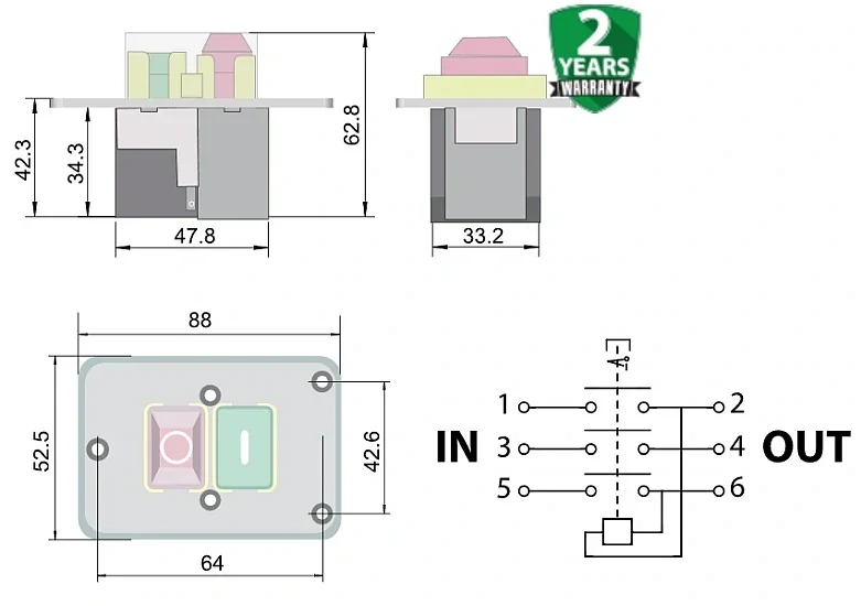 Tracon SSTM-326 Bezpečnostní tlačítko 6PIN, 400 VAC, 8A/AC3, IP54, 6,3×0,8